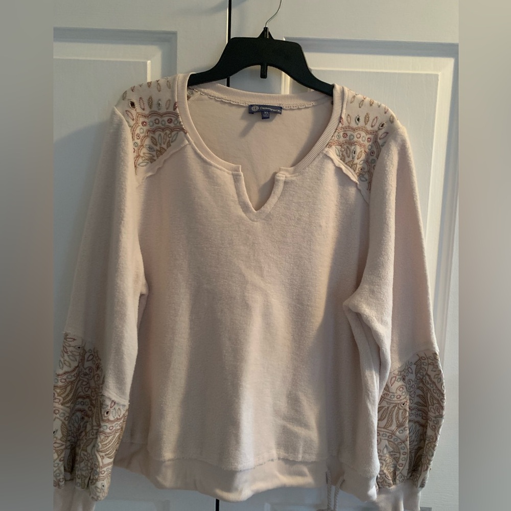 Democracy Long Blouson Sleeve Die Cut Embroidered Soft Sweatshirt, Ivory